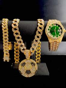 Luxury Alloy Men's Quartz Watch, With Rhinestone Rhinestone Crystal And Date, Paired With A Hip-Hop Pair It With A Football Pendant Full Of Rhinestones Cuban Necklace And Bracelet Set - Necklace Set - View 19