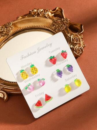 6pcs/Set Cute Cartoon 3D Simulation Fruit Watermelon/Peach/Grape/Mango/Flower Stud Earrings Sets For Women, Suitable For All Seasons, Parties, Gifts, Work Wear