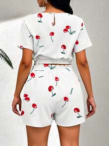 2pcs/Set Women Cherry Printed Bat-Wing Short Sleeve T-Shirt And Shorts Set 2 Pieces Set: Waist Drawstring Short Sleeve Top And Shorts, Casual Summer Outfit - White and Red - View 2