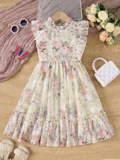 Vestido de manga curta para meninas, comprimento médio, com recorte floral, malha, vestido de verão casual