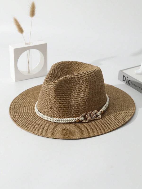 1pcs Unisex Acrylic Decor Boho Cowgirl Cowboy Hat Wide Brim Handmade Panama Hat Sun Hat Beach Hat Straw Hat For Daily Use