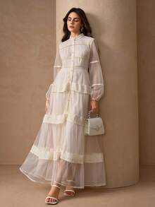 Elegant Multi-Layer Lace Patchwork Open Front Long Sleeve Women Cocktail Dress - Apricot - View 4