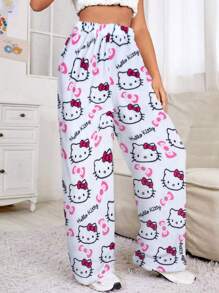 Sanrio 1 pieza Pantalones de pijama suaves de franela con estampado de Hello Kitty con licencia para mujeres, forrados térmicos, ropa de estar en casa cálida y casual, adecuado para primavera/otoño, estampado de dibujos animados, regalo de moda para amigos, novia, Acción de Gracias, Navidad, Halloween