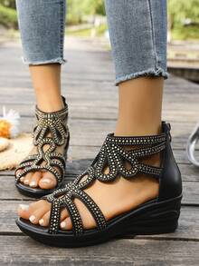 Women's Wedge Heel Rhinestone Embellished Strap Thick Sole Sandals - Black - View 7