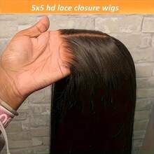 Parrucca con chiusura senza colla 5x5 HD Lace Set and Go, capelli umani lisci, pre-tirati, pre-tagliati, senza colla, 3 secondi per indossare, parrucca senza colla, parrucche frontali in pizzo trasparente, parrucca con capelli umani per donne, nodi pre-sbiancati, densità 250 - Naturale e nero - Visualizzare 4