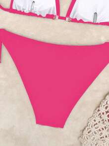 两件套女士海洋主题性感休闲比基尼套装，吊带纯色泳衣，适合海滩、游泳、春夏度假，可拆卸胸垫 - 玫粉色 - 查看 8