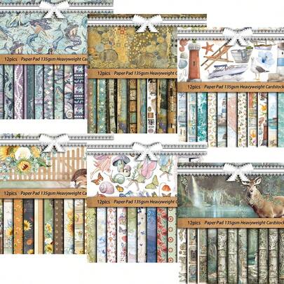 12pcs Series Scrapbooking Paper, Vintage Floral Pattern Design For New Year, Valentine's Day, Easter, Office, Study, Party, Gift, Handmade Card, DIY, Explosion Box,School Supplies,Back To School