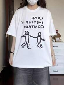 Women's Loose Black Printed T-Shirt - Short Sleeves, Loose Fit, Machine Washable, Japanese Text, Panda Pattern Design