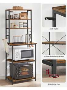 Kitchen Storage Rack, Coffee Bar, Baker's Rack, Total 6 Shelves And 6 Hooks, For Microwave, Steel Frame, Industrial, Rustic Brown And Black