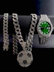 Luxury Alloy Men's Quartz Watch, With Rhinestone Rhinestone Crystal And Date, Paired With A Hip-Hop Pair It With A Football Pendant Full Of Rhinestones Cuban Necklace And Bracelet Set - Necklace Set - View 17