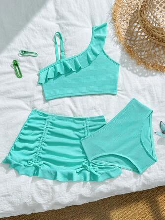 Young Girl Solid Color Ruffle Trim Swimsuit Set