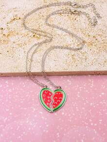 2pcs Watermelon Heart Shaped Pendant Necklaces, Best Friend Set - one-size - View 3