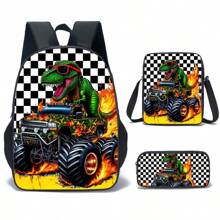 3pcs Dinosaur-Black/Green/Colours Themed Backpack Set With Lunch Box & Pencil Case&Storage Bag - Polyester, Lightweight, Fashionable Mixed Colors