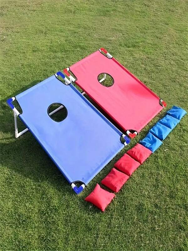 1 Set tragbares rotes & blaues Cornhole Spiel Set, faltbar, Wurfbeutel Spiel für Strand, Outdoor Veranstaltungen, Camping, geeignet für Weihnachten, Ostern, Thanksgiving und Abschluss - beinhaltet 6 Wurfbeutel