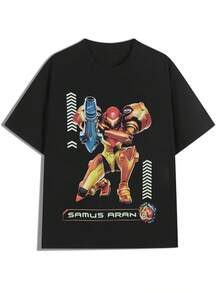 Samus Aran Armor Action Design,Casual Print,Comfortable And Versatile,Pure Cotton 220g Printed T-Shirt,Unisex Style - Black - View 1