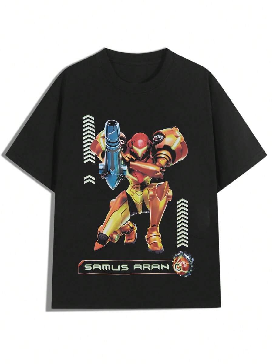 Samus Aran Armor Action Design,Casual Print,Comfortable And Versatile,Pure Cotton 220g Printed T-Shirt,Unisex Style - Black - View 1