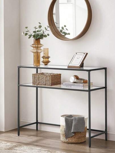 Console Table, Side Table, Tempered Glass Tabletop, Modern Sofa Table, Easy Assembly, With 2 Shelves, Adjustable Feet, For Living Room, Hallway, Black