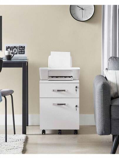 Lockable File Cabinet, Filing Pedestal With 2 Drawers, 5 Wheels, And Adjustable Hanging Rails, Textured Surface, For A4 And Letter Sized Papers, Home Office, White