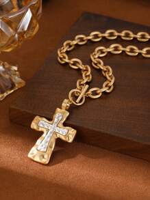 1 Piece Chunky Chain Cross Necklace For Women,Fashion Chunky Bracelet,Copper Alloy Electroplating 14K Gold,Gift For Summer Vacation,Hip Hop Party,Festival