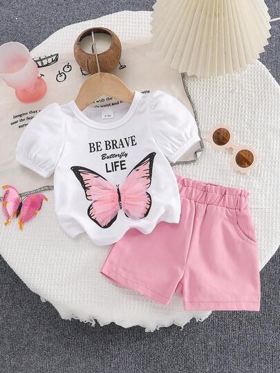 少女字母蝴蝶印花短袖上衣和纯色短裤套装，休闲舒适