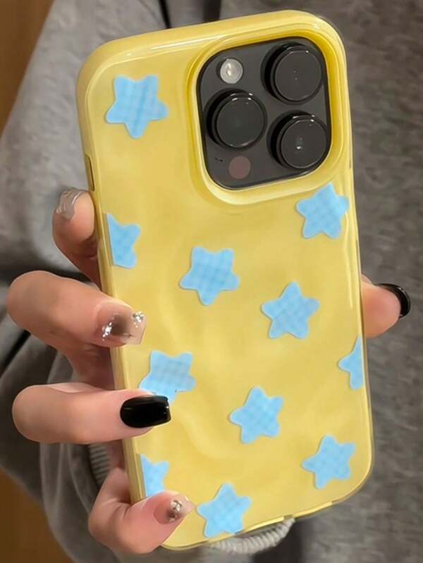 Korean Y2K Blue Grid Pattern Star Wrinkle Pattern Phone Case Compatible With IPhone 16 Pro Max 14 15 Pro 13 12 11 Plus Soft Cover Shell