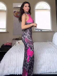 Sexy Hot Girl Halter Neck Strap Waist Leopard Print Suspender Skirt