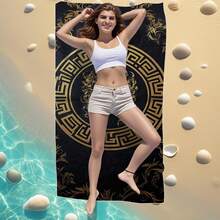 1pc Medusa Printed Beach Towel - Absorbent & Soft, Super Fiber, Compact , Black & Gold Medusa Pattern, Coastal Modern Design, Suitable For Hiking, Camping, Beach, Summer Outdoor AdventureTravel Essentials Travel Accessories Beach Essentials - Black - View 7