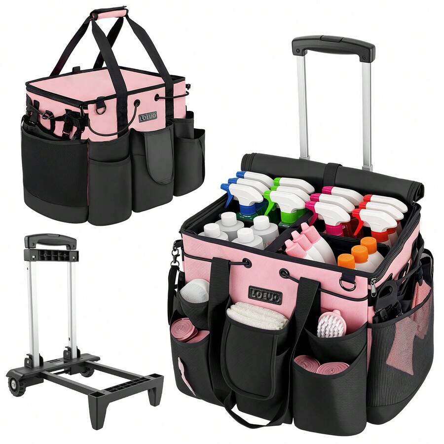 Large Cleaning Caddy For Cleaning Supplies Organizer, Rolling Cleaning Caddy Bags With Wheels For Housekeepers, Cleaning Carts On Wheels For Home Car Office Picnic - Pink - View 1
