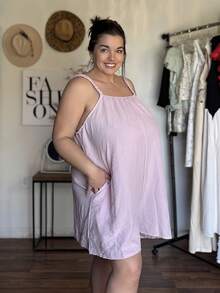 Enliva Jolene.Mendez Plus Size Summer Solid Color Belted Backless Jumpsuit Romper For Vacation And Leisure, For Apple Rounded Body Shape - Pink - View 7