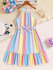 Girls' Summer Colorful Striped Spaghetti Strap Dress With Ruffle Hem And Belt, Tween Girl Casual Holiday Sundress - Multicolor - View 1