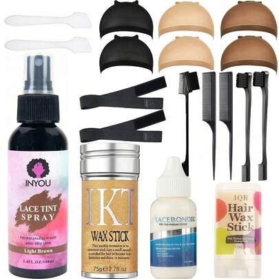  19 件发蜡套装，防水蕾丝假发胶（包括浅棕色蕾丝染色喷雾、75g IQH 发蜡棒、蕾丝胶、2 条松紧带、2 个发刷、2 个发梳、2 个白色勺子配件、1 个边缘修饰梳、3 种颜色假发帽各 2 个、15g 发蜡棒）