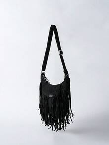 Tropiscape 女士复古中号单肩包，流苏装饰，时尚西部风，配有可调节肩带，大容量复古波西米亚风流苏包，适合外出、工作、购物、旅行和日常休闲场合，也适合海滩、秋季、圣诞节、冬季等场合，是理想的圣诞礼物之选。 - 黑色 - 查看 5