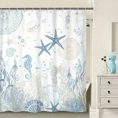 1pc Ocean Theme Shower Curtain, Featuring Starfish, Coral, Jellyfish, Underwater Creatures, Seahorse, Seashells, And Plants, Non-Sheer, Comes With Plastic Hooks, Suitable For Home And Hotel, Machine Washable, All-Season, Ideal Bathroom Accessory For Back-To-School Season