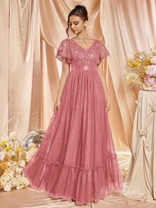 MIUSOL 优雅深 V 领亮片蕾丝网眼荷叶边袖晚会长裙，适合婚礼宾客、毕业典礼、返校节 - 藕粉色 - 查看 5