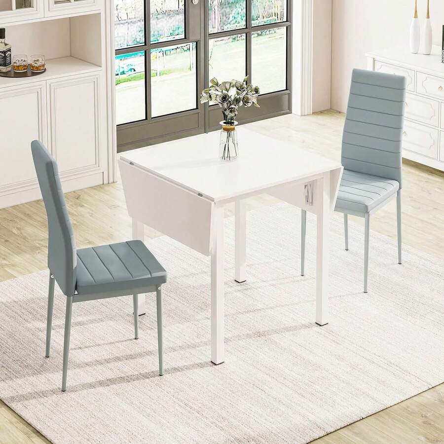 Dining Table And Set Of 2/4 Chairs, Drop Leaf Kitchen Table With PU Leather High Back Chair