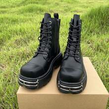 Retro Combat Boots For Women And Men Thick Sole With Zipper Soft Leather Metal Decoration Punk Style Unisex Ankle Boots - 黑色 - 查看 2