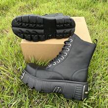 Retro Combat Boots For Women And Men Thick Sole With Zipper Soft Leather Metal Decoration Punk Style Unisex Ankle Boots - 黑色 - 查看 6