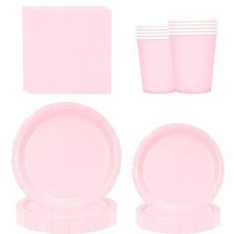 50 pièces/80 pièces Kit de fournitures de fête rose clair. Service de table en papier jetable comprenant assiettes, serviettes, gobelets pour mariage, anniversaire, enterrement de vie de jeune fille, révélation du sexe, décoration de table