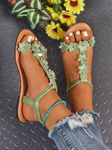Women's Fashion Comfortable Sandals, Versatile Embroidered Beach/Outdoor Flat Sandals,Boho Style,Spring Summer Outfits - Green - View 2