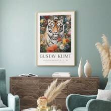 Peinture sur canevas de style poster rétro avec des motifs de fleurs nordiques, d'animaux comme le paon, le lama, le tigre royal du Bengale et le lion, selon le style de Gustav Klimt. Décoration murale pour la maison, cadeau avec option de cadre