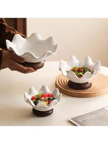 1pc Ceramic Bowl, Lotus Leaf Shaped With Solid Wood Base, Available In Multiple Sizes, Suitable For Desserts, Ice Cream, Salad, Fruits, Etc. Can Be Used In Kitchen, Living Room, Dining Room,School Supplies - White - View 5