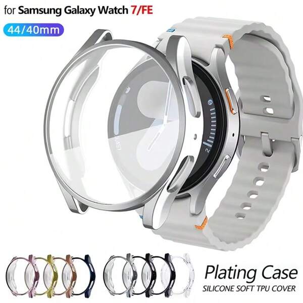 4 piezas Funda de TPU chapada compatible con Samsung Galaxy Watch 7 de 40 mm y 44 mm, protector de pantalla, accesorios compatibles con toda la carcasa del reloj Galaxy Watch FE