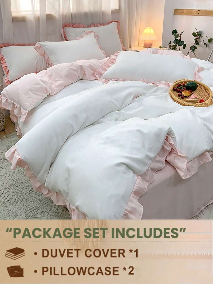 3pcs White & Light Pink Floral Lace Dorm Bedding Set, 2 Pillowcases 1 Duvet Cover, Machine Washable, No Filling - White - View 1