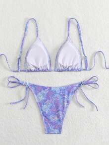 女士花卉印花性感系带比基尼套装，夏日海滩