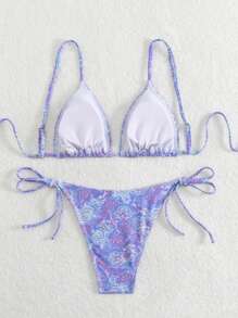 Damen Bikini-Set mit Blume Muster und sexy Schnürung, Sommer Strand