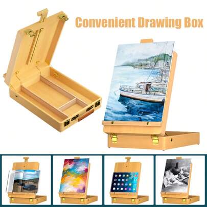 Royalswill Wooden Easel Easel Box, Mini Easel Box, Adjustable Beech Wood Storage Sketch Box Easel For Desktop Easel Organiser Artist Student Beginner Painting