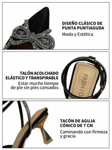 GlamourGrip Zapatillas de tacón elegantes para mujer con lazo brillante, tacones altos puntiagudos de punta estrecha y tacón grueso, zapatos cómodos de mujer tipo slingback con tira en el tobillo, tacones elegantes combinables con vestidos y ropa formal para fiestas, trabajo, citas, vacaciones, Halloween y Navidad