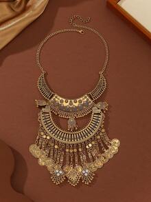 Retro Coins Multilayer Tassel Necklace For Women, Casual Party Jewelry, Choker Necklace, Sweater Necklace