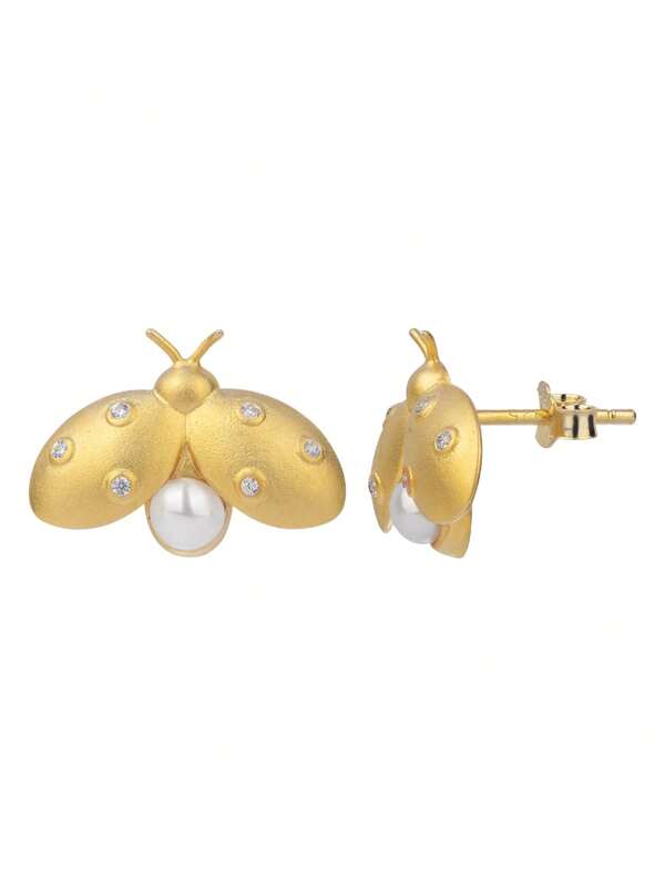 1 Pair Creative Ladybug 925 Sterling Silver Pearl Cubic Zirconia Stud Earrings, Cute & Fashionable For Women