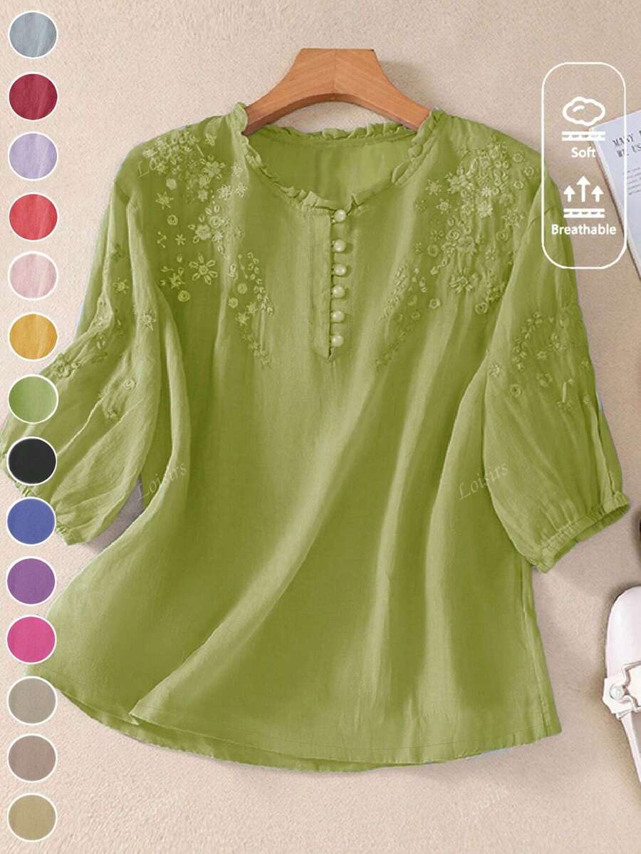 Women's Spring/Summer Viscose Embroidered Lightweight Loose Retro Casual Mid-Sleeve Blouse, Summer Outfits, Casual Woman, Country Outfits Women, Tops, Summer Tops,